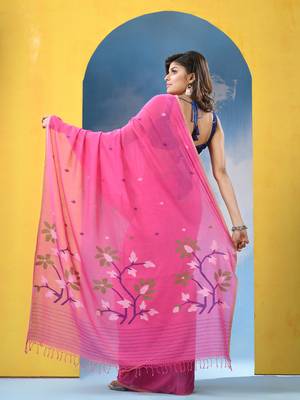 Hot pink cotton handloom jamdani saree with running blouse piece 4
