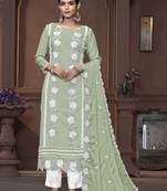 Women's green unstitched heavy thread embrodiery work roman silk dress material 