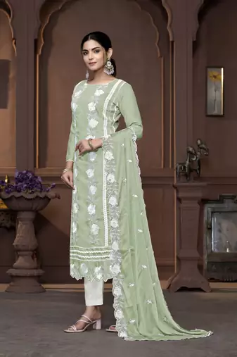 Women's green heavy thread embrodiery work roman silk dress material