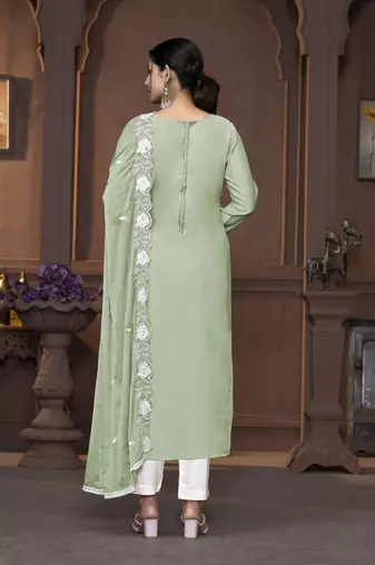 Women's green heavy thread embrodiery work roman silk dress material