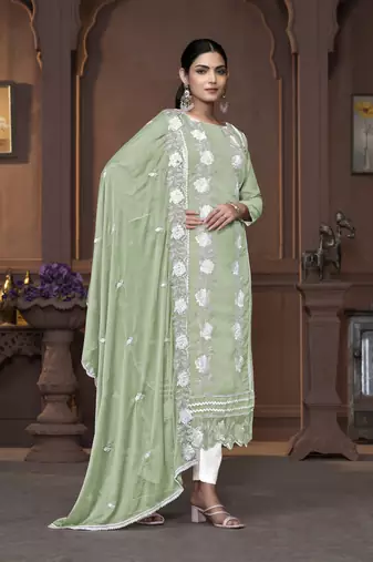 Women's green heavy thread embrodiery work roman silk dress material