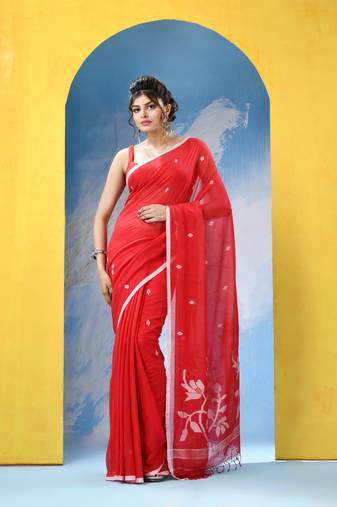 Red cotton handloom jamdani saree with running blouse piece