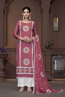 Women's pink heavy thread embrodiery work roman silk dress material 1