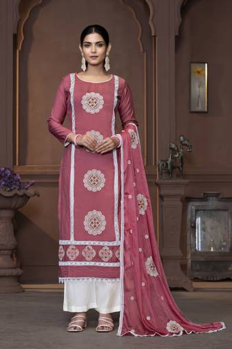 Women's pink unstitched heavy thread embrodiery work roman silk dress material 