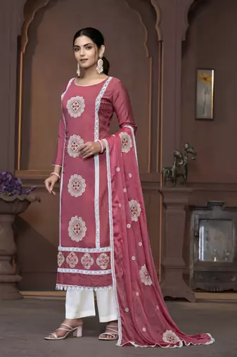 Women's pink heavy thread embrodiery work roman silk dress material