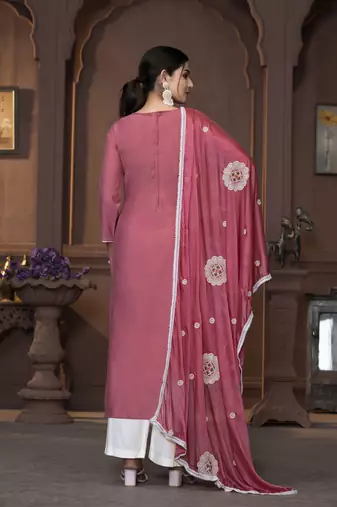 Women's pink heavy thread embrodiery work roman silk dress material