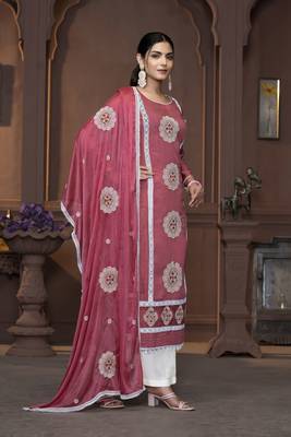 Women's pink heavy thread embrodiery work roman silk dress material 4