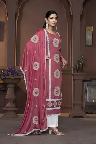 Women's pink heavy thread embrodiery work roman silk dress material