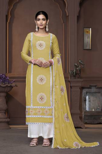 Women's yellow unstitched heavy thread embrodiery work roman silk dress material 