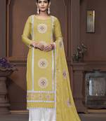 Women's yellow unstitched heavy thread embrodiery work roman silk dress material