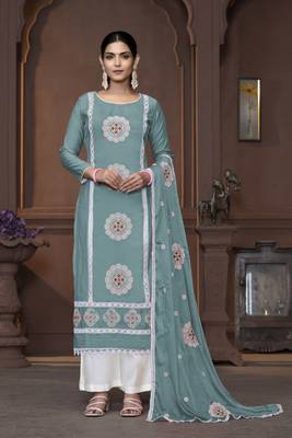 Women's sea green heavy thread embrodiery work roman silk dress material 1