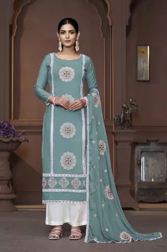 Women's sea green unstitched heavy thread embrodiery work roman silk dress material 