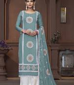 Women's sea green unstitched heavy thread embrodiery work roman silk dress material