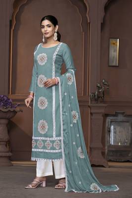 Women's sea green heavy thread embrodiery work roman silk dress material 2