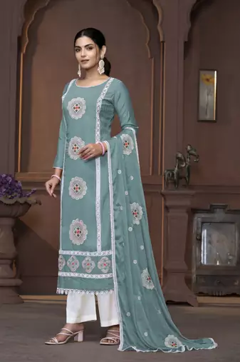 Women's sea green heavy thread embrodiery work roman silk dress material