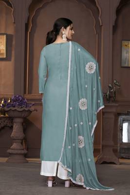 Women's sea green heavy thread embrodiery work roman silk dress material 3