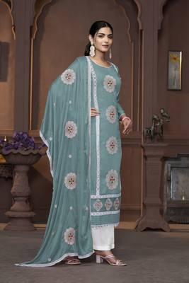 Women's sea green heavy thread embrodiery work roman silk dress material 4