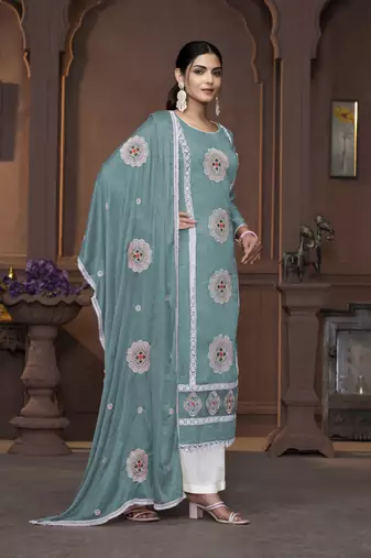 Women's sea green heavy thread embrodiery work roman silk dress material