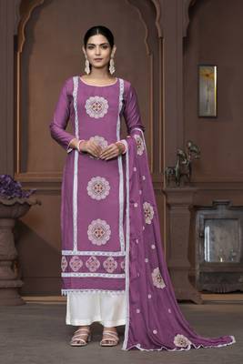 Women's purple heavy thread embrodiery work roman silk dress material 1