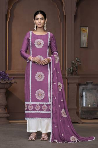 Women's purple unstitched heavy thread embrodiery work roman silk dress material 