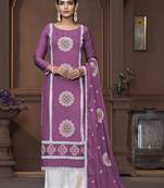 Women's purple heavy thread embrodiery work roman silk dress material