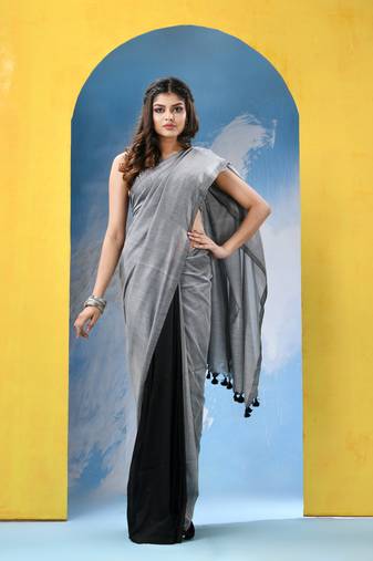 Silver black cotton molmol handloom saree with running blouse piece