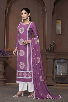 Women's purple heavy thread embrodiery work roman silk dress material 2
