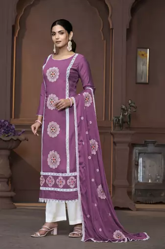 Women's purple heavy thread embrodiery work roman silk dress material