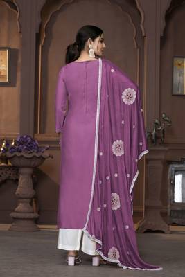 Women's purple heavy thread embrodiery work roman silk dress material 3