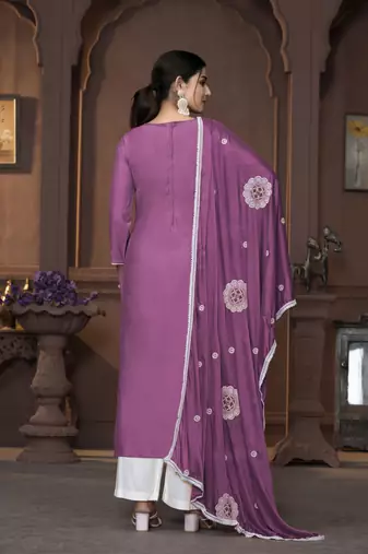 Women's purple heavy thread embrodiery work roman silk dress material