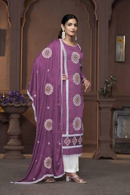 Women's purple heavy thread embrodiery work roman silk dress material 4