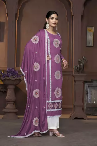 Women's purple heavy thread embrodiery work roman silk dress material