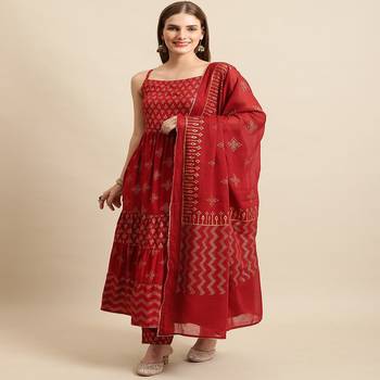 Women annarkali gold print kurta with pant and cotton dupatta 1