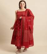 Women annarkali gold print kurta with pant and cotton dupatta