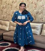 Women bandhej print and floral embroidery and hand work a-line kurta with pant