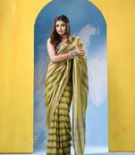 Sage green cotton check handloom saree with running blouse piece