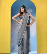 Grey cotton pallu stripe handloom saree with running blouse piece