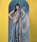 Turquoise zari cotton tissue handloom saree with running blouse piece