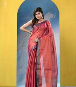 Dark pink zari cotton tissue handloom saree with running blouse piece