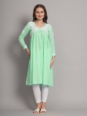 Pista green mulmul cotton hand embroidered chikankari alia cut a-line kurta 1