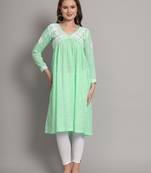 Pista green mulmul cotton hand embroidered chikankari alia cut a-line kurta