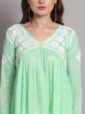 Pista green mulmul cotton hand embroidered chikankari alia cut a-line kurta 3