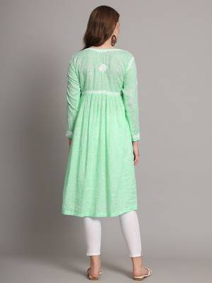 Pista green mulmul cotton hand embroidered chikankari alia cut a-line kurta 4