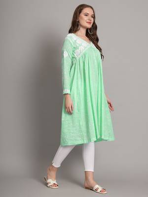 Pista green mulmul cotton hand embroidered chikankari alia cut a-line kurta 5