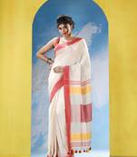 White cotton red broder handloom saree with running blouse piece