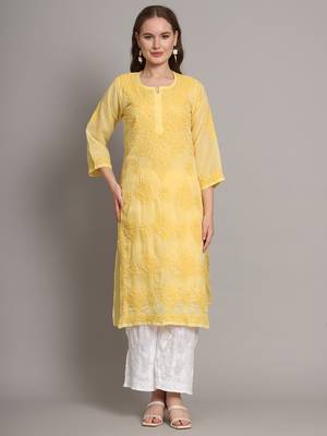 Yellow pure cotton hand embroidered chikankari straight kurti 1