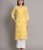 Yellow pure cotton hand embroidered chikankari straight kurti