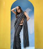 Grey black check cotton handloom saree with running blouse piece