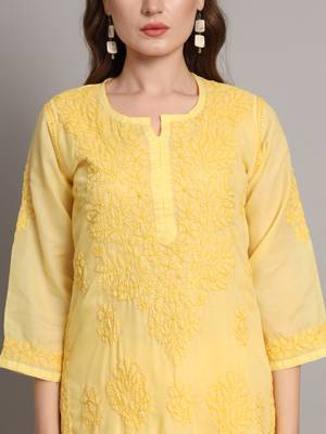 Yellow pure cotton hand embroidered chikankari straight kurti 3