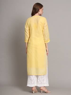 Yellow pure cotton hand embroidered chikankari straight kurti 4